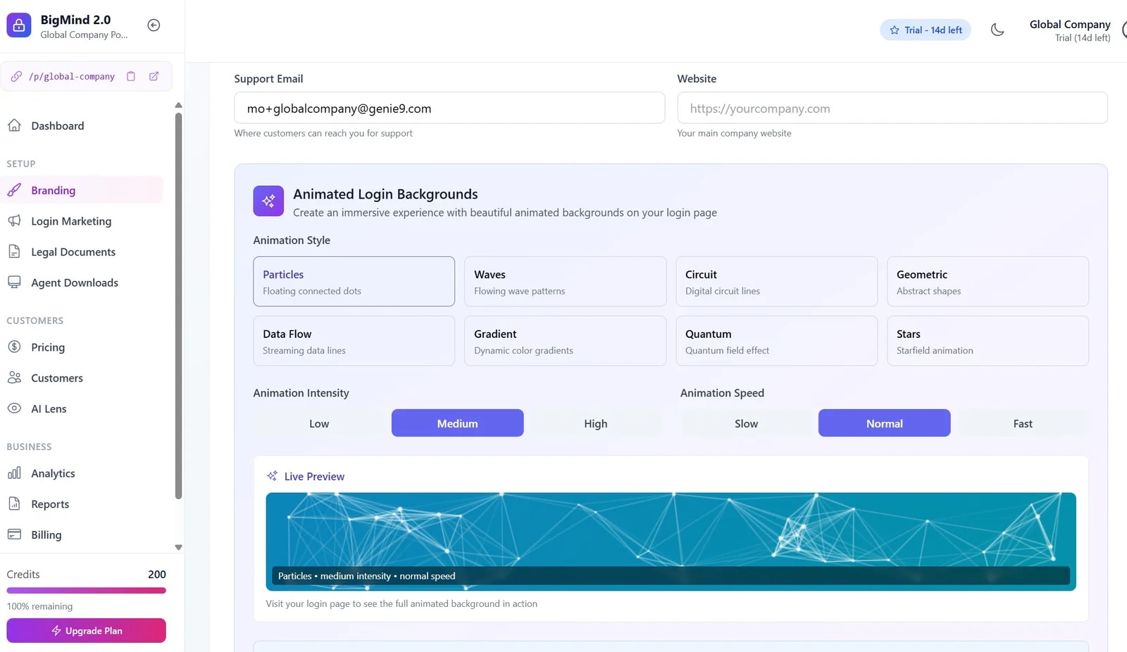 The branding editor - brand colors and an animated login background with a live preview