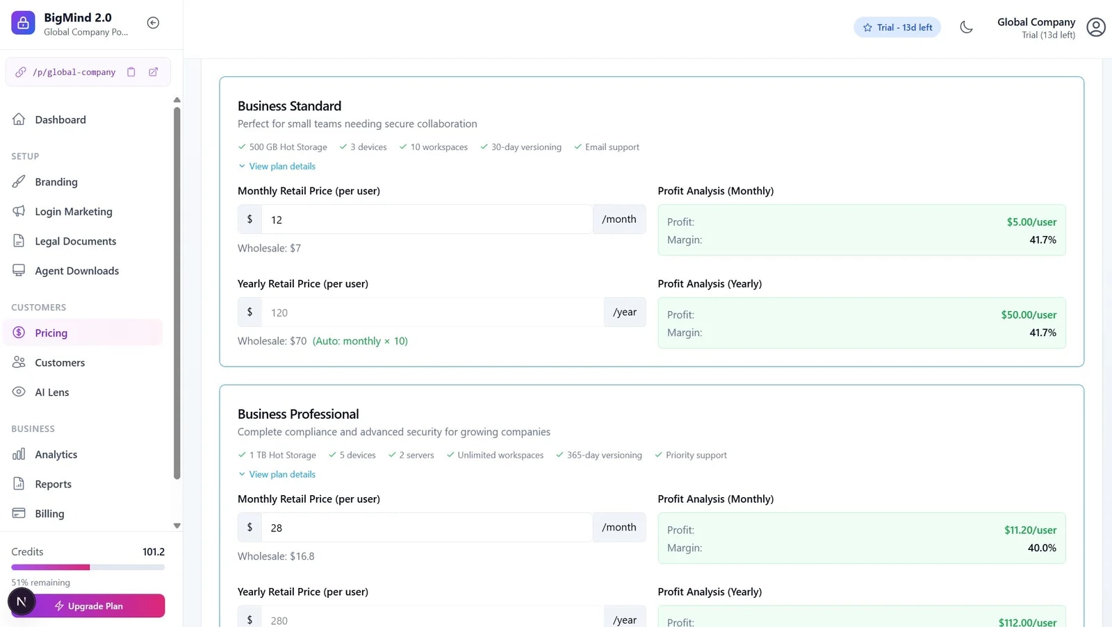 Configure pricing in the partner portal — retail vs wholesale with live profit analysis