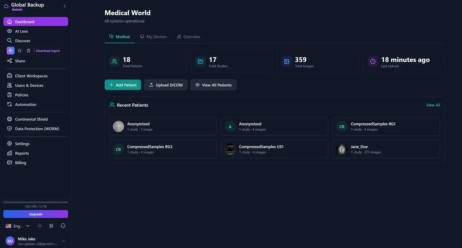 The BigMind Resilience device view showing recovery options and Recovery Shield status