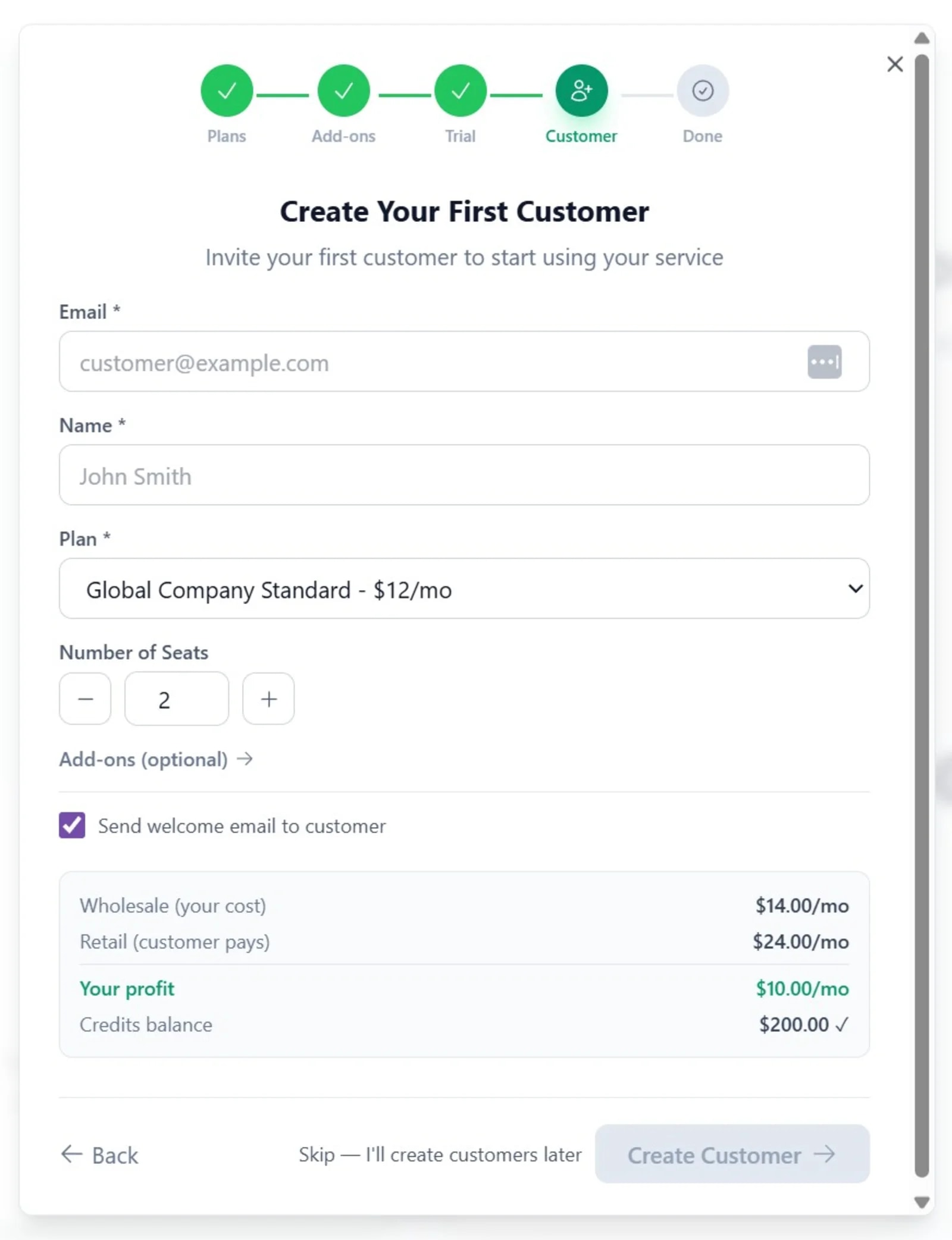 The setup wizard customer step - create your first customer with wholesale, retail and profit shown