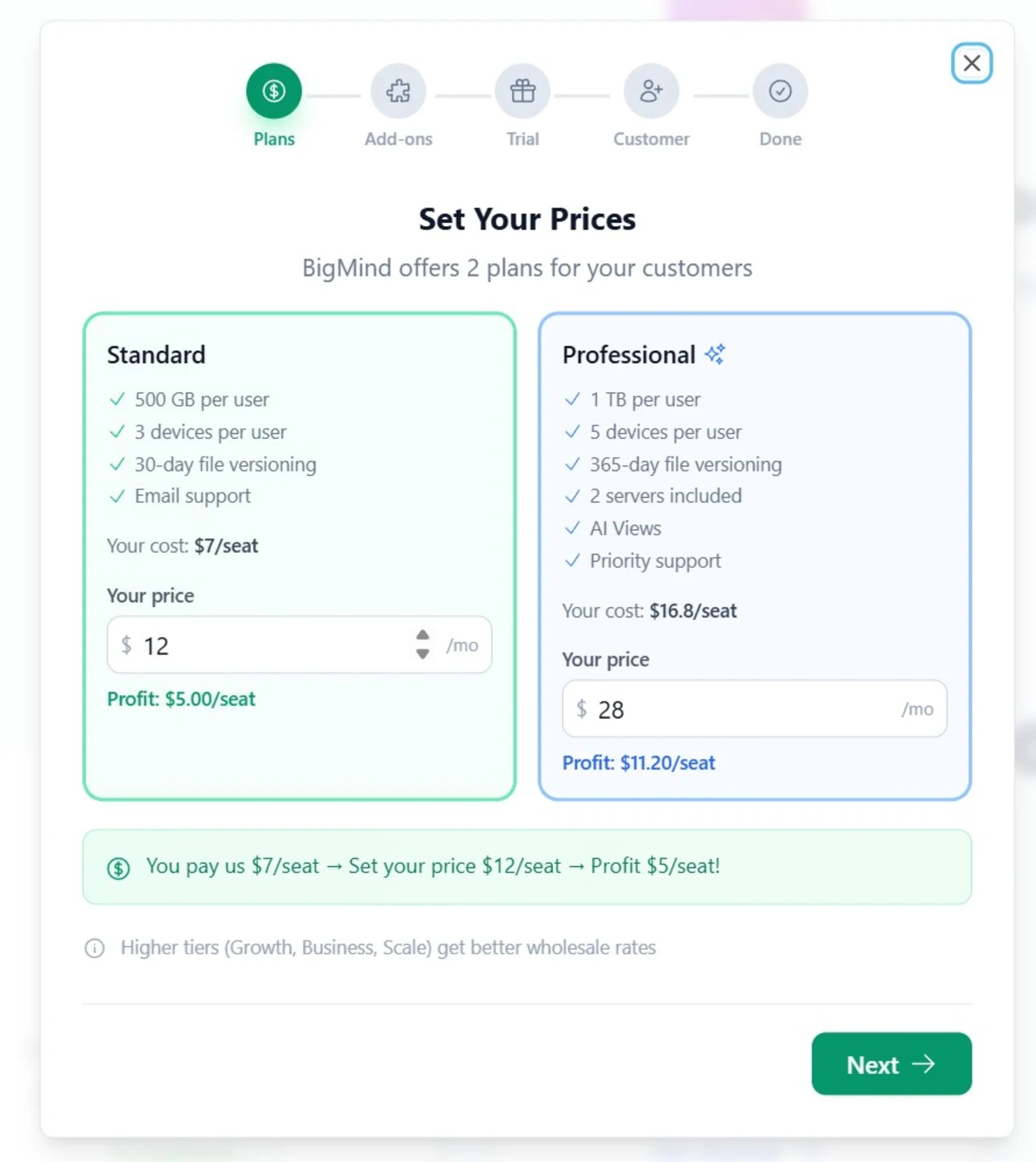 The setup wizard pricing step - set your retail price over wholesale with live profit per seat