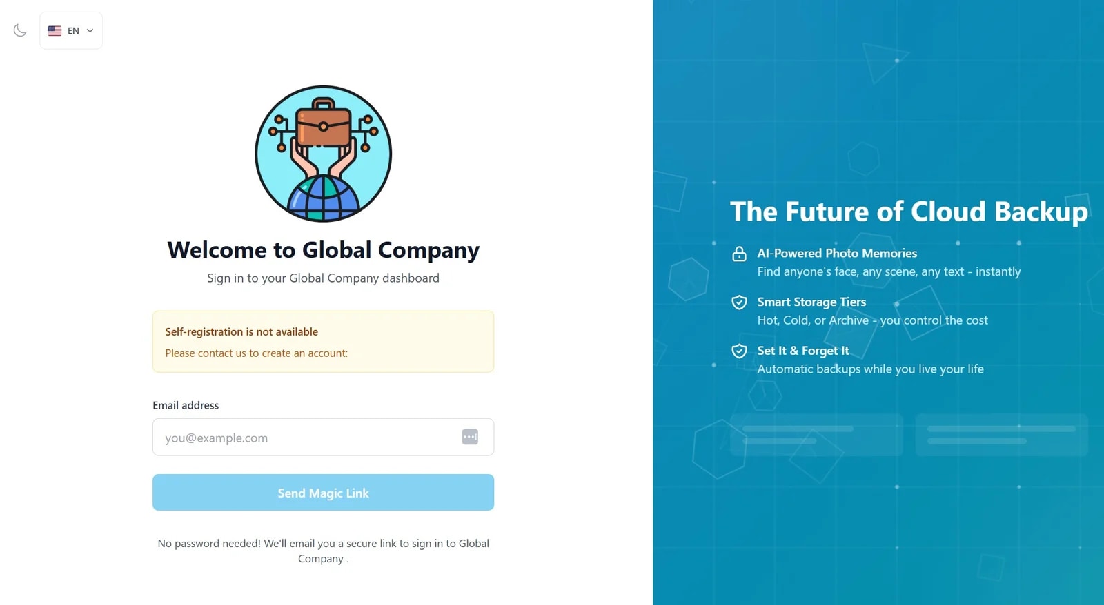 A fully white-labeled customer login - the partner's logo, tagline and feature list over a branded background