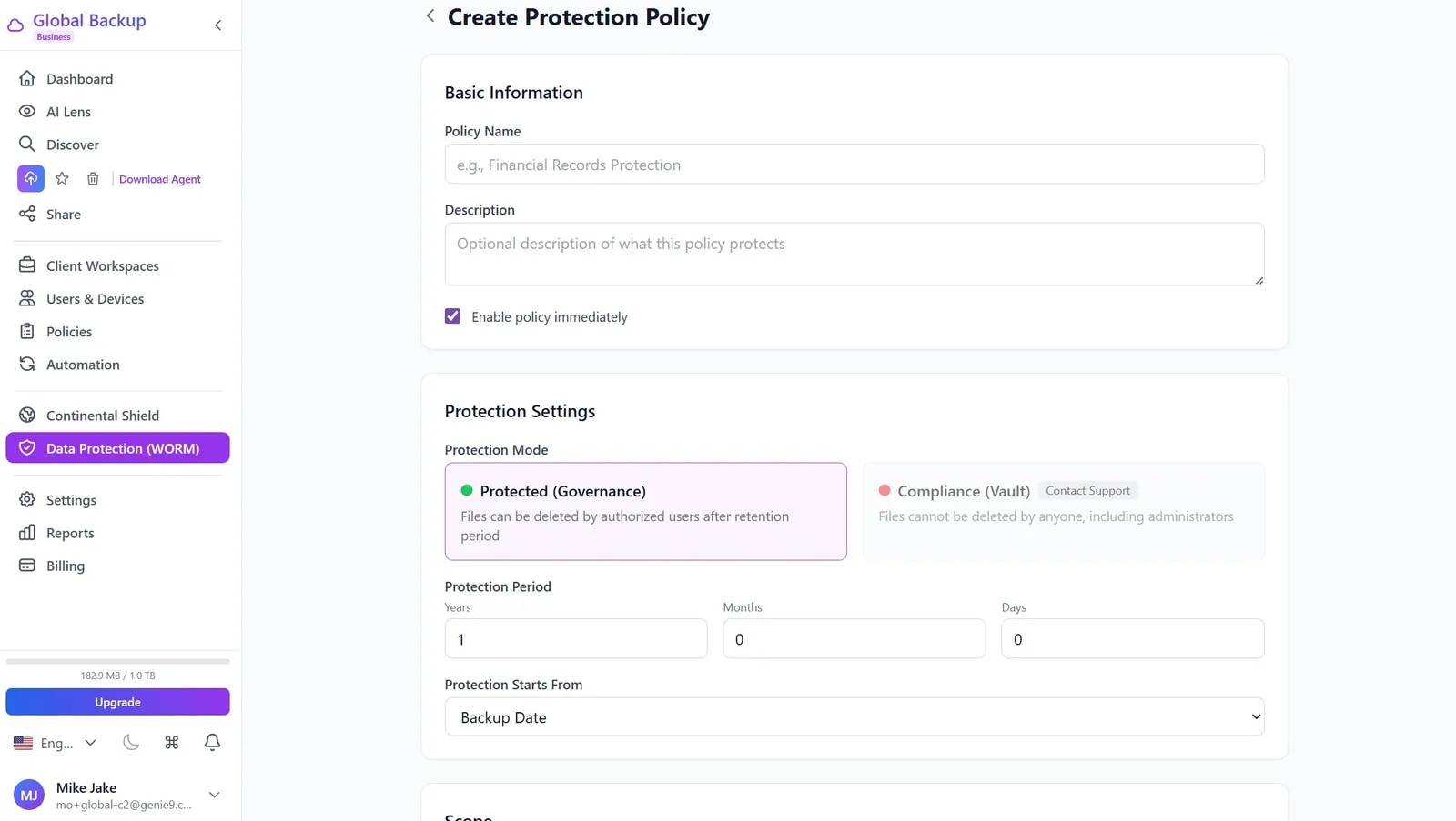 Creating a WORM protection policy - Governance vs Vault mode with a set retention period