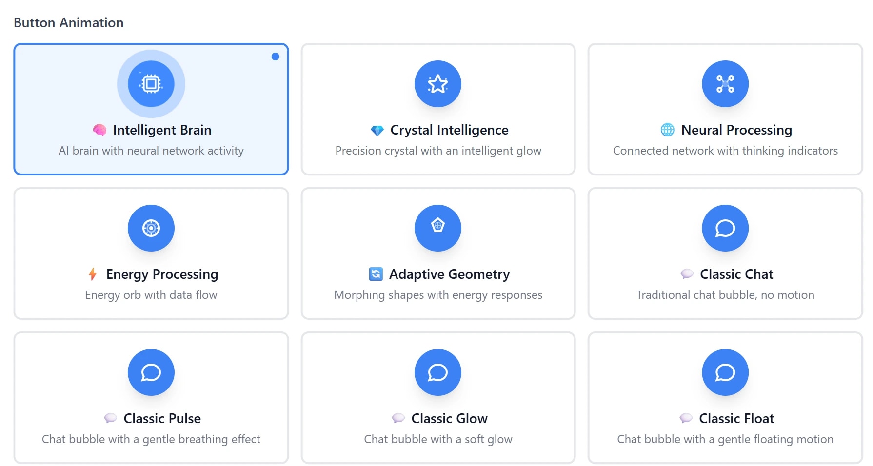 The Genie AI launcher animation picker: nine animations in a three-by-three grid — Intelligent Brain, Crystal Intelligence, Neural Processing, Energy Processing, Adaptive Geometry and four Classic Chat variants — each carrying its own glyph and a one-line description of the motion