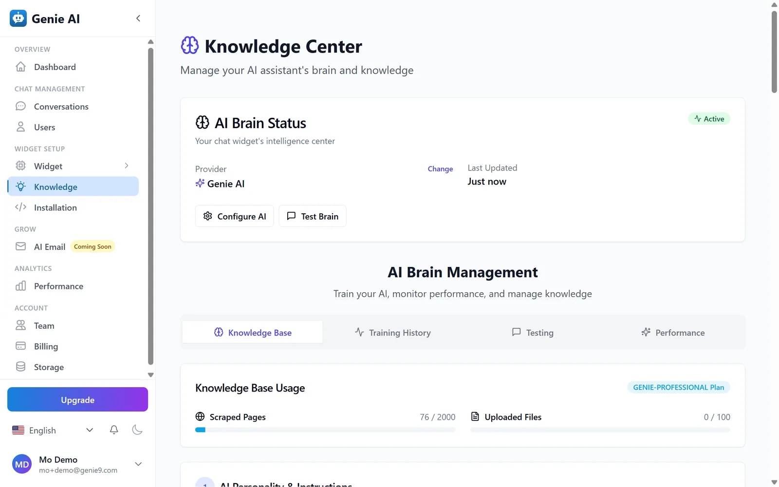 The Genie AI knowledge base list showing indexed pages from a website with the source URL, extracted character count and processing status for each entry