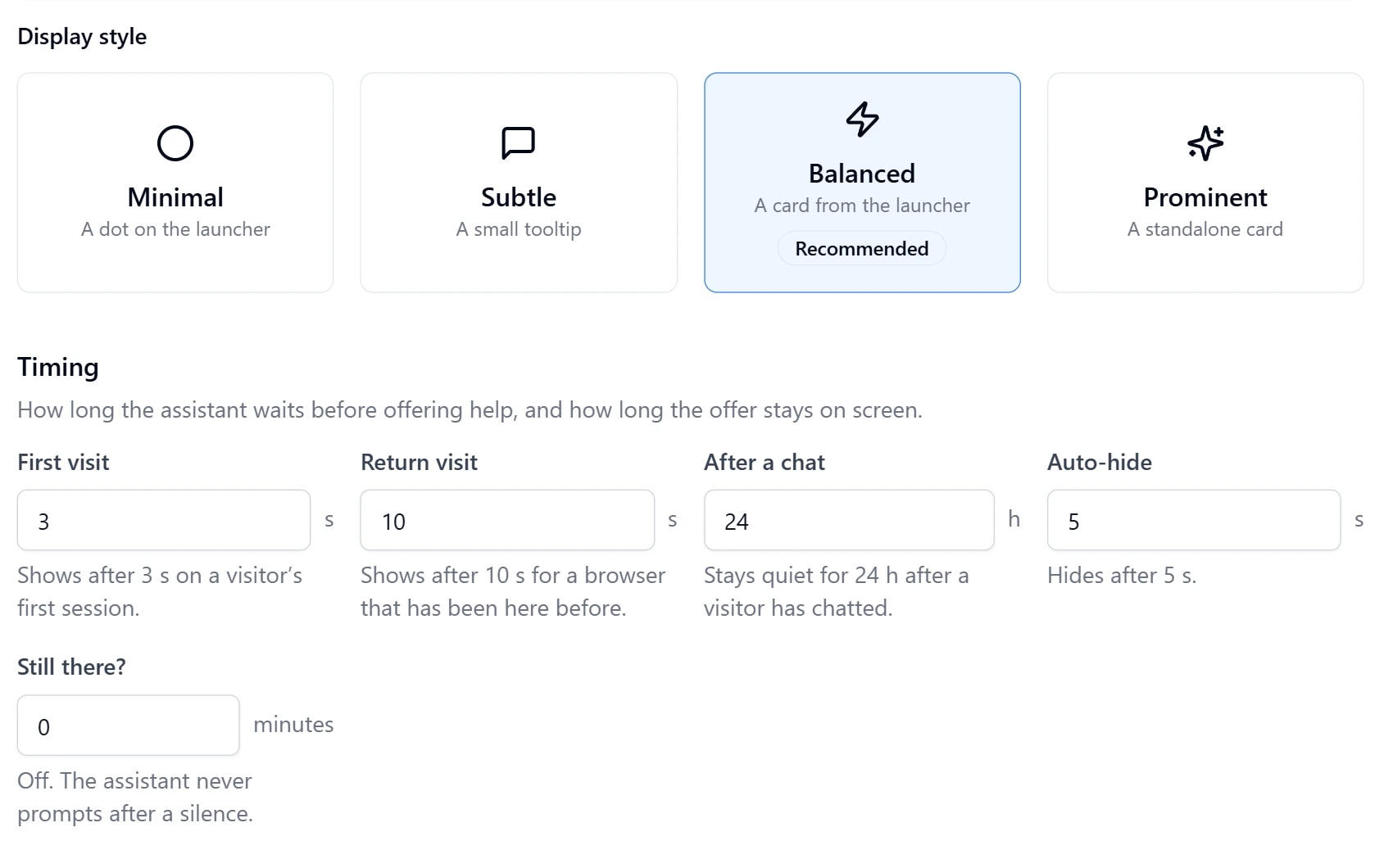 The proactive prompt controls in Genie AI: four display styles — Minimal, a dot on the launcher; Subtle, a small tooltip; Balanced, a card from the launcher, marked Recommended; and Prominent, a standalone card — above the timing fields, each reading back what it does in a sentence