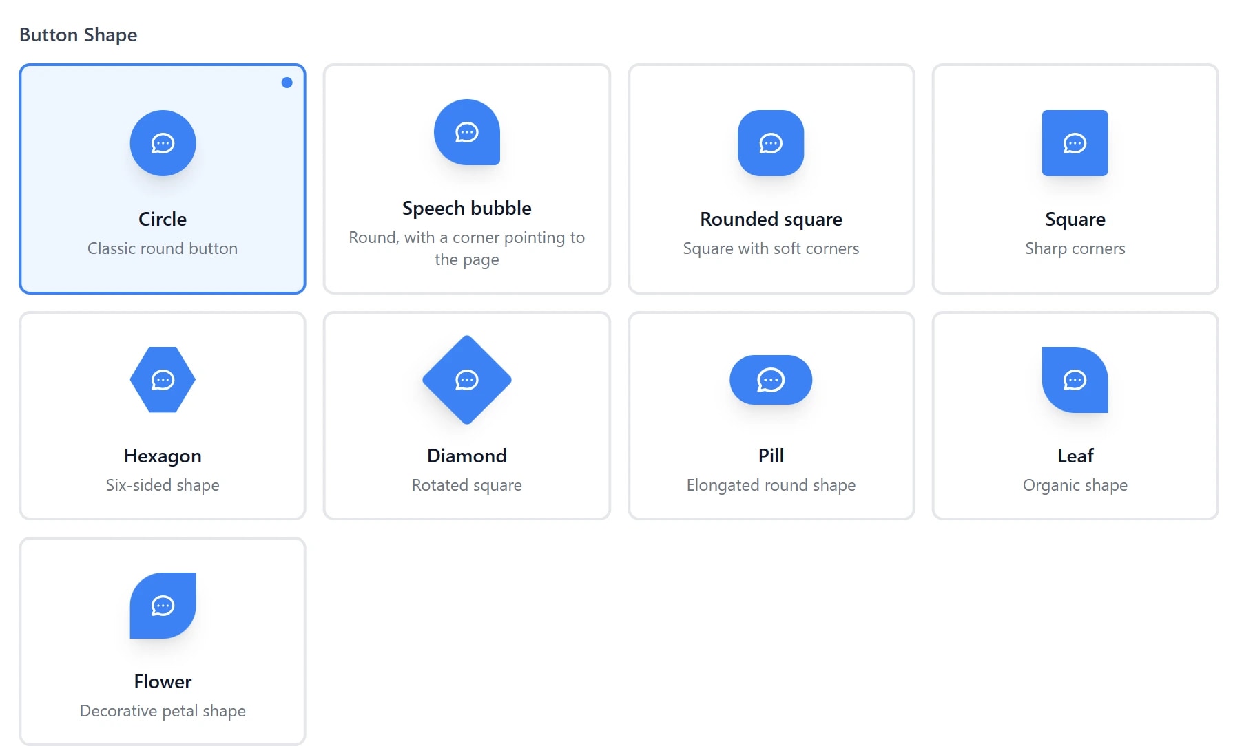 The Genie AI launcher shape picker with all nine shapes drawn at size — circle, speech bubble, rounded square, square, hexagon, diamond, pill, leaf and flower — the selected one outlined