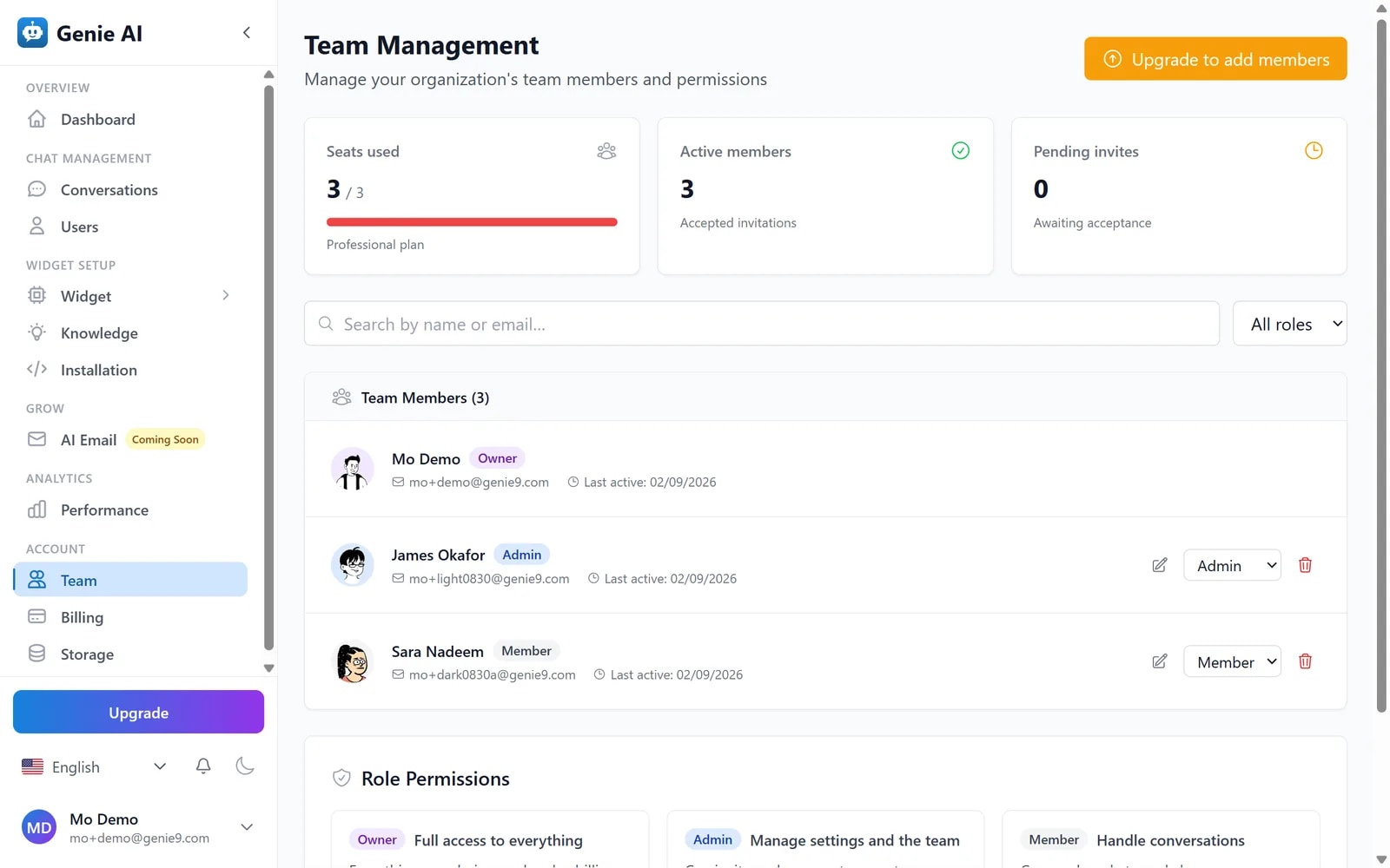 The Genie AI Team page with the seats meter, an Invite Member button, and a roster showing the owner, an admin and a member with avatars, role badges and per-row actions