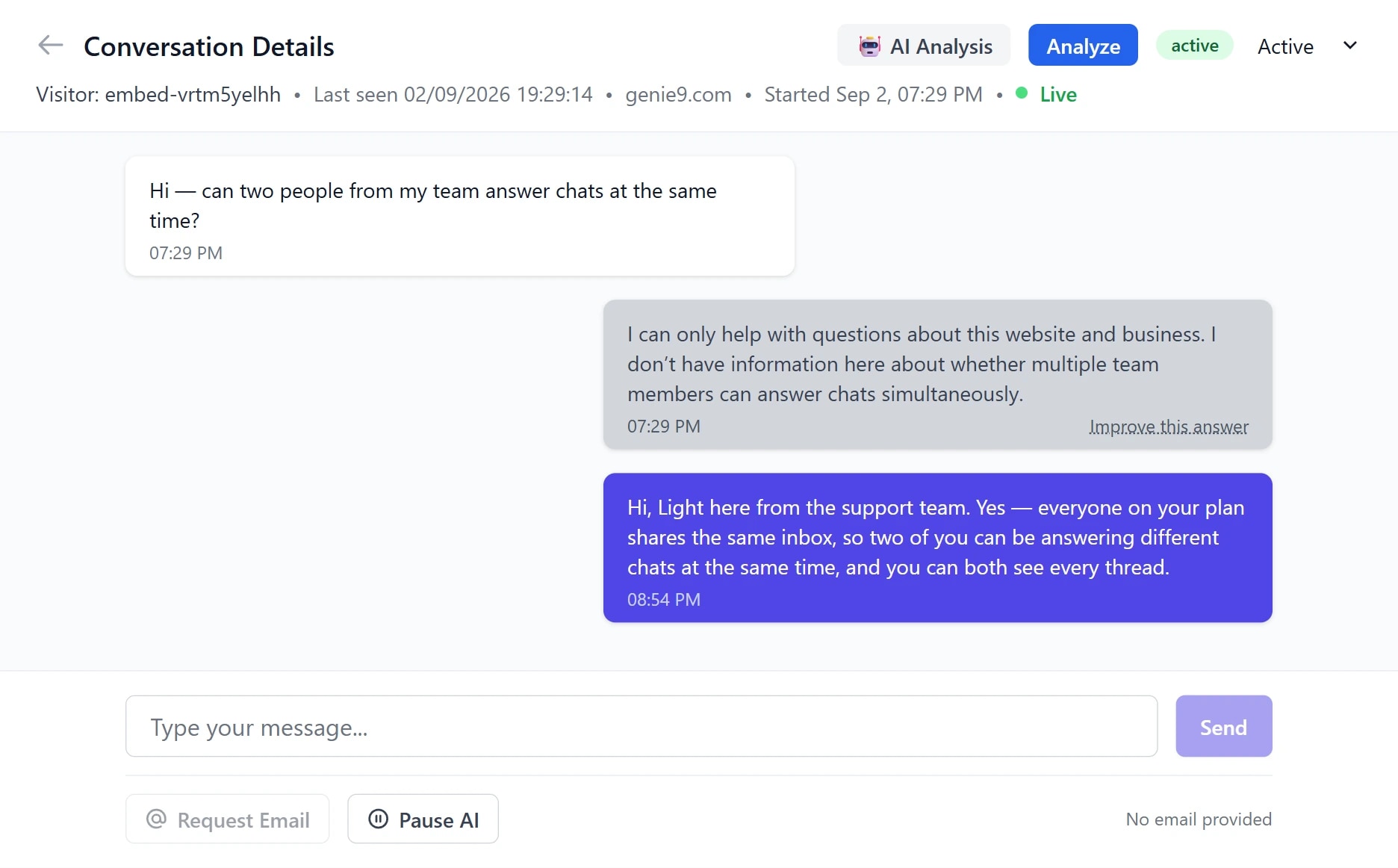 A Genie AI conversation open in the dashboard: the visitor asks whether two people on a team can answer chats at once, the assistant replies that it does not have that information, and a colleague from support answers in the same thread — with the reply box, Request Email and Pause AI beneath