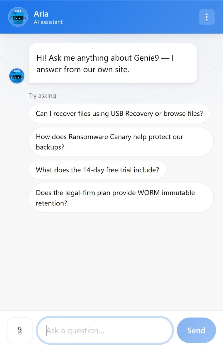 The Genie AI chat panel as a visitor first sees it: the greeting, then a Try asking label and four question chips about BigMind Resilience pricing, supported operating systems, recovery paths and cloud-drive backup