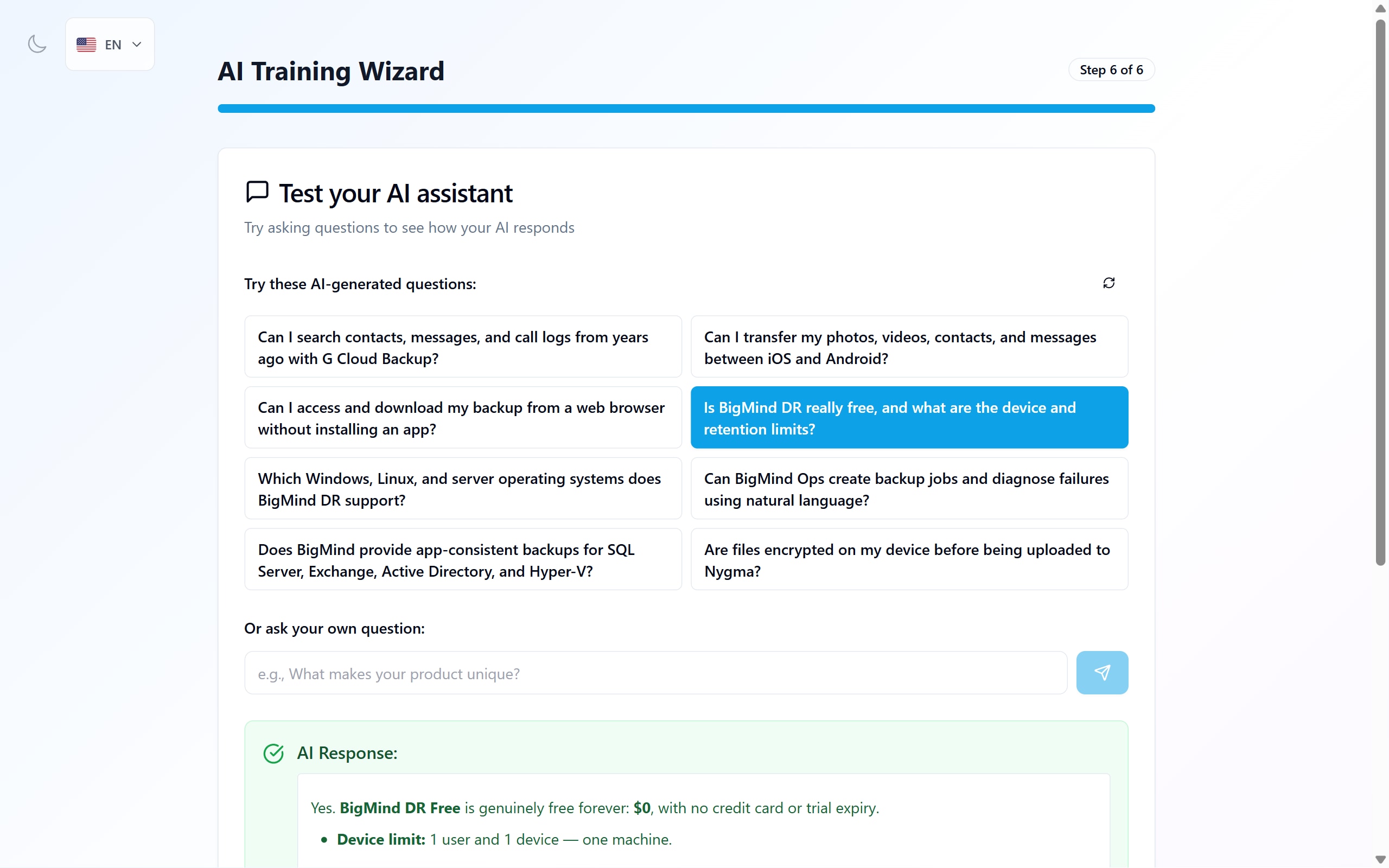 Genie AI answering a question about a free product tier with a structured reply covering device limits, retention, schedule and storage, marked high confidence and drawn from 65 knowledge sources