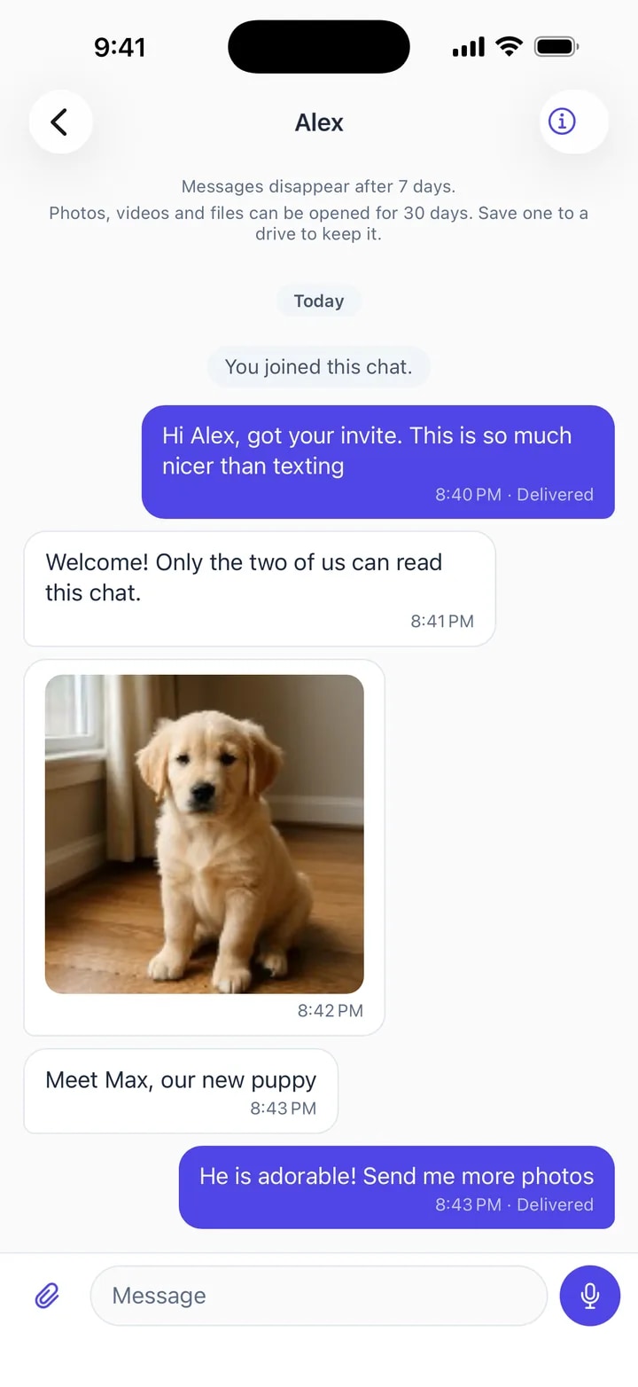 A Nygma chat on iPhone with a photo of a puppy and replies marked Delivered