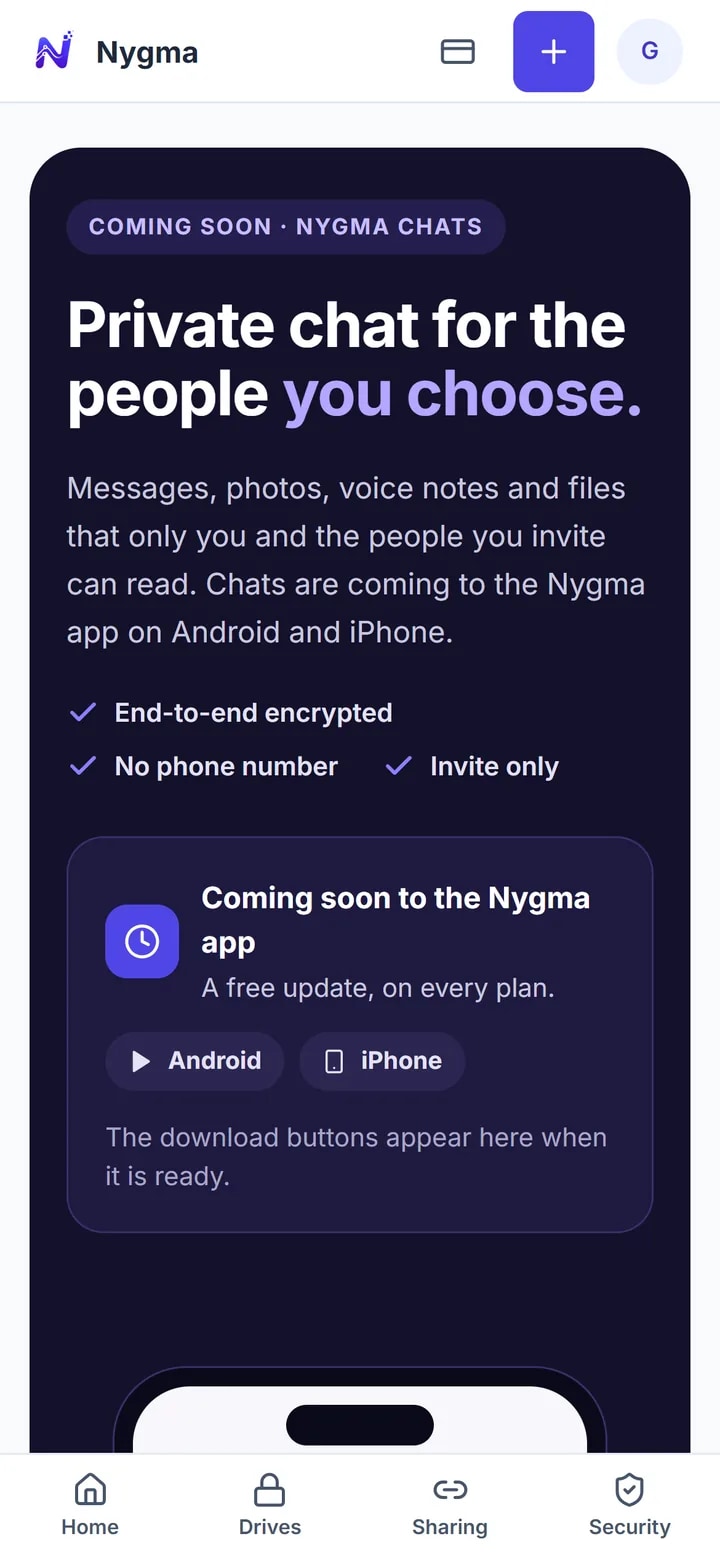 The Chats page in Nygma's web app, announcing private chats in the coming phone apps