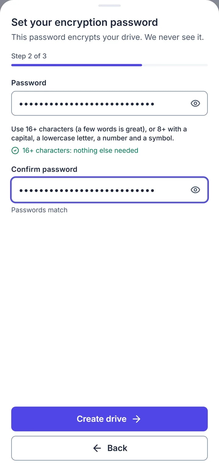 Creating a new drive in Nygma: choosing its password