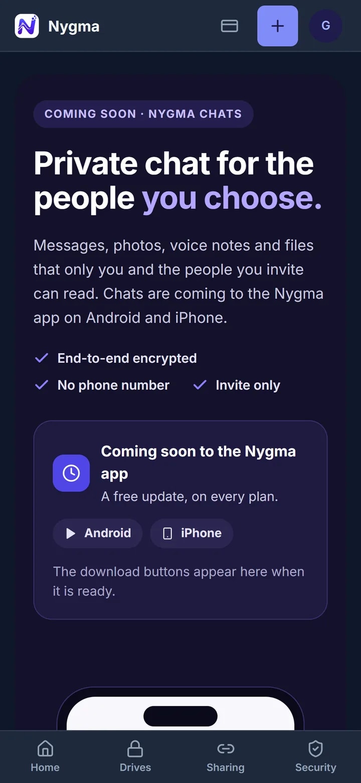 The Chats page in Nygma's web app, announcing private chats in the coming phone apps
