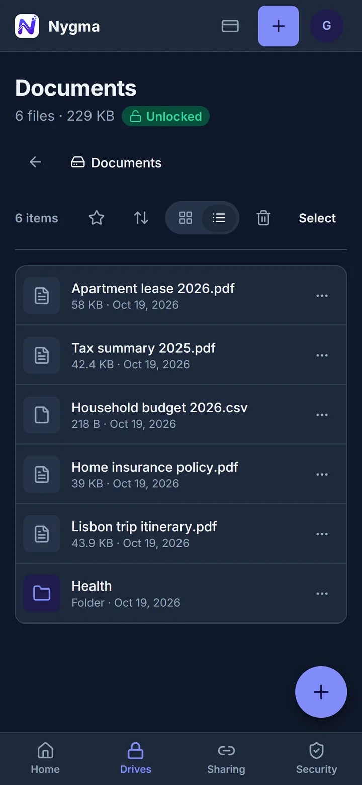 A Documents drive in Nygma listing a lease, an insurance policy and a tax summary