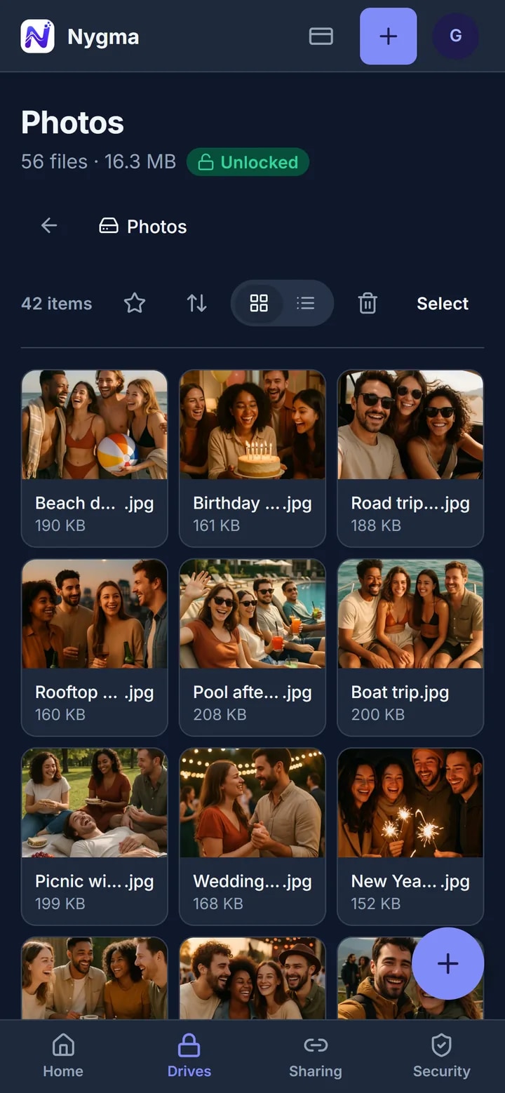 A Nygma drive called Photos, open in the browser: a grid of photos with friends at the beach, at parties and on holiday, unlocked