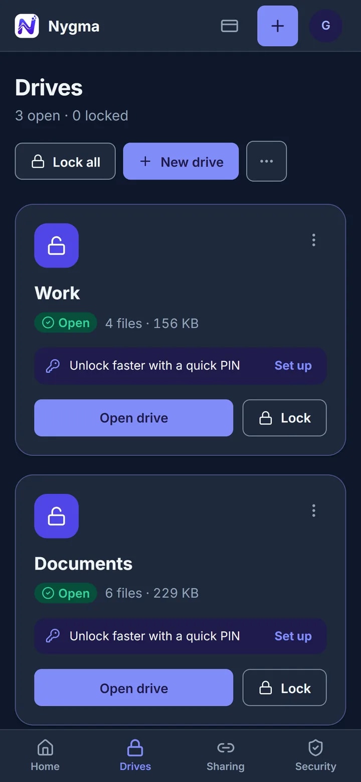 The Drives page in Nygma with Photos, Documents and Work drives