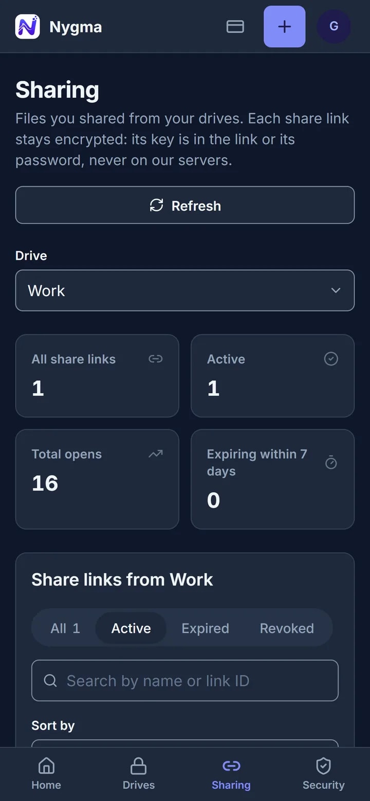 Nygma's Sharing page listing links with their opens, protection and expiry