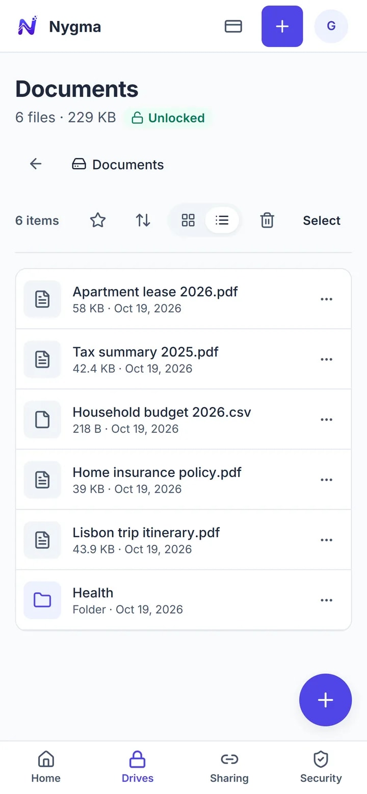 A Documents drive in Nygma listing a lease, an insurance policy and a tax summary