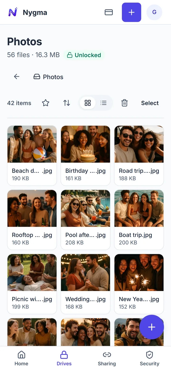 A Nygma drive called Photos, open in the browser: a grid of photos with friends at the beach, at parties and on holiday, unlocked