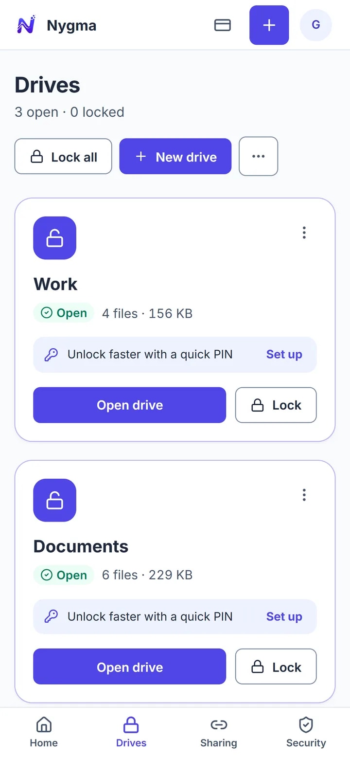 The Drives page in Nygma with Photos, Documents and Work drives