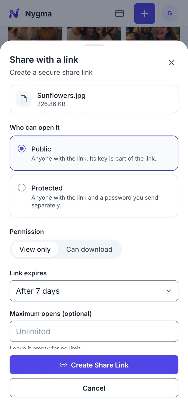 Sharing a photo as a view-only link, then a friend opening it, decrypted in their browser