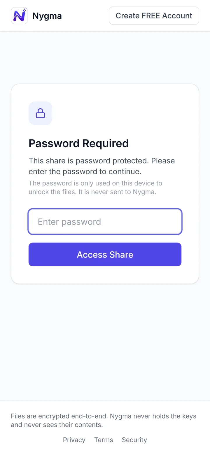A password-protected Nygma share link asking for its password