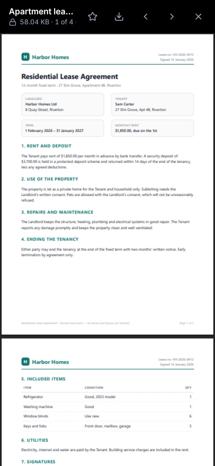 A sample apartment lease PDF open inside the Documents drive in Nygma
