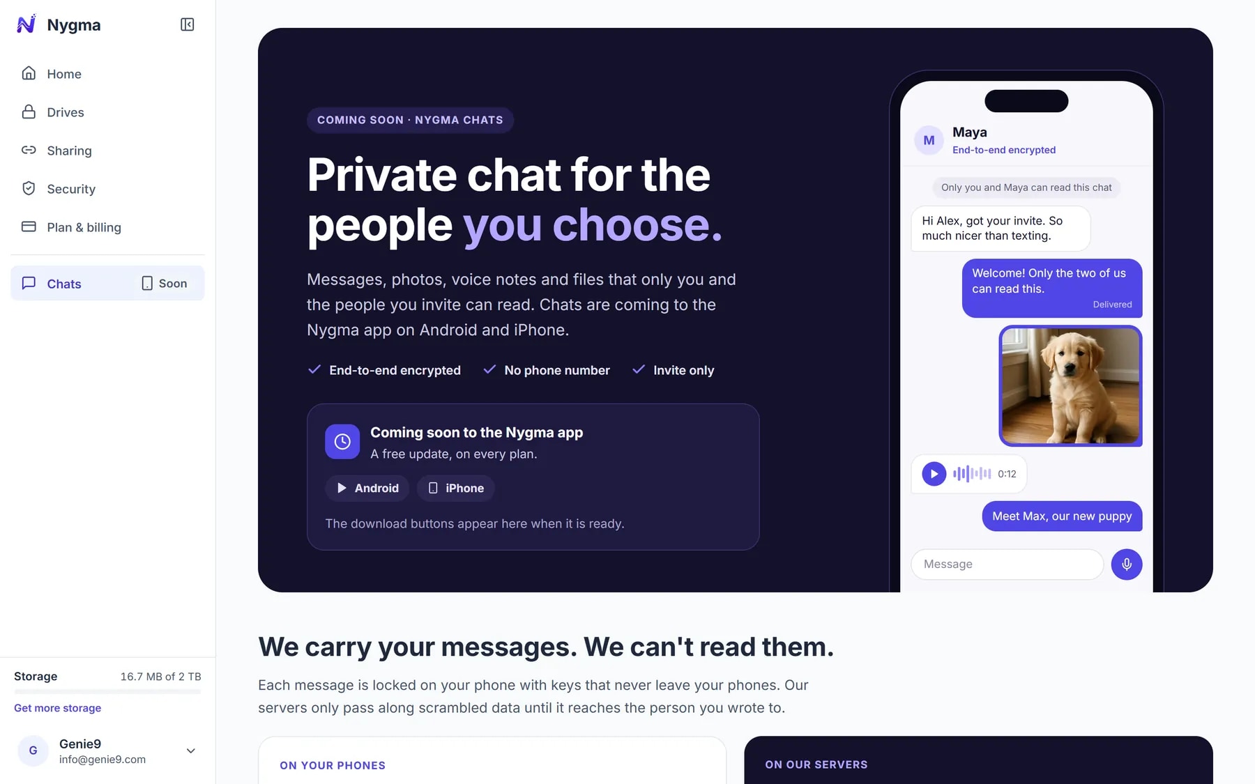 The Chats page in Nygma's web app, announcing private chats in the coming phone apps