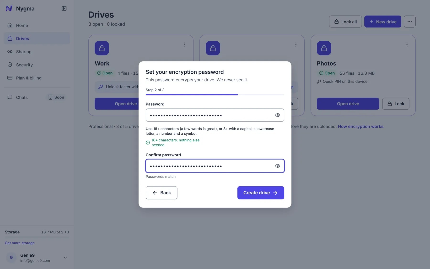 Creating a new drive in Nygma: choosing its password