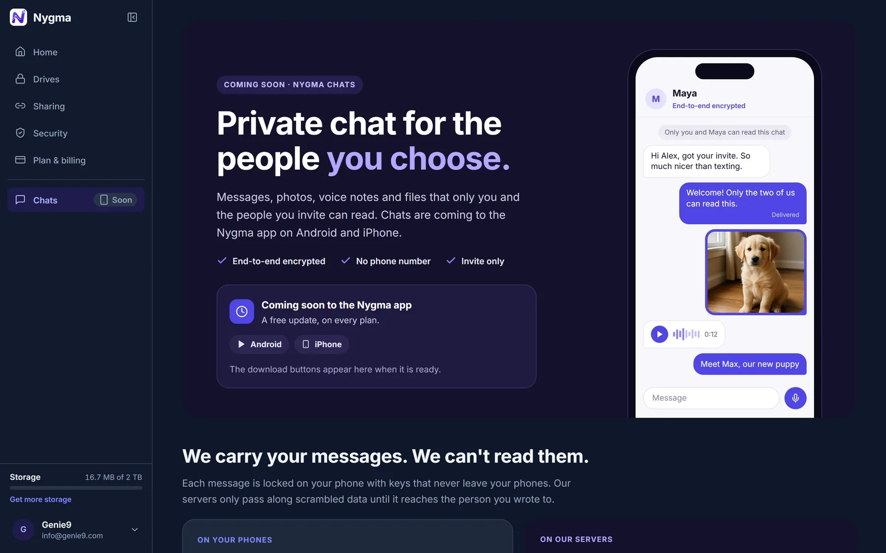 The Chats page in Nygma's web app, announcing private chats in the coming phone apps