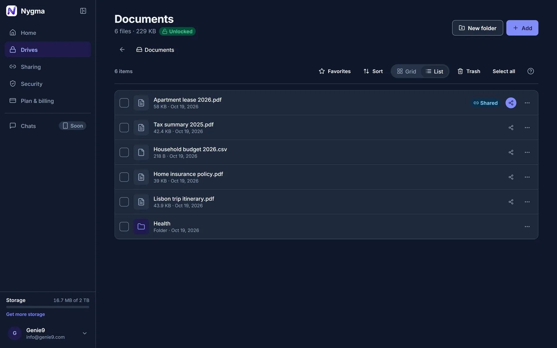 A Documents drive in Nygma listing a lease, an insurance policy and a tax summary