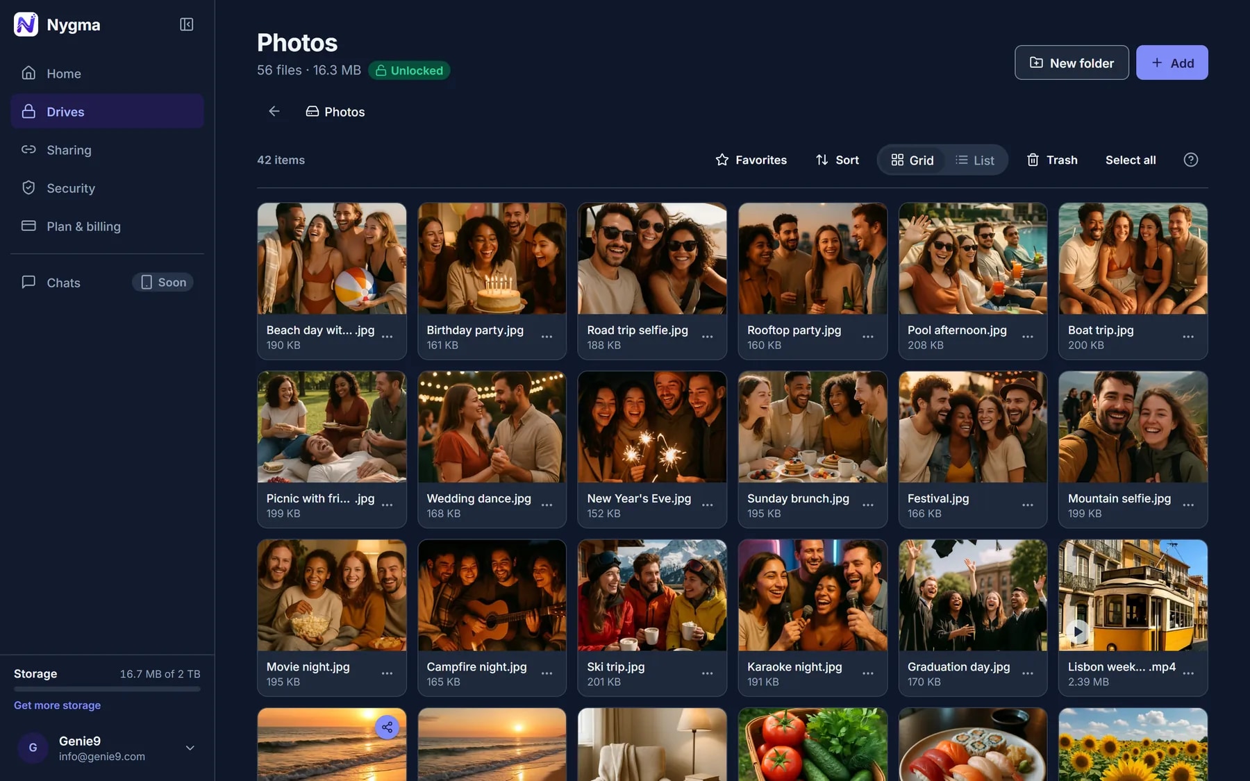 A Nygma drive called Photos, open in the browser: a grid of photos with friends at the beach, at parties and on holiday, unlocked
