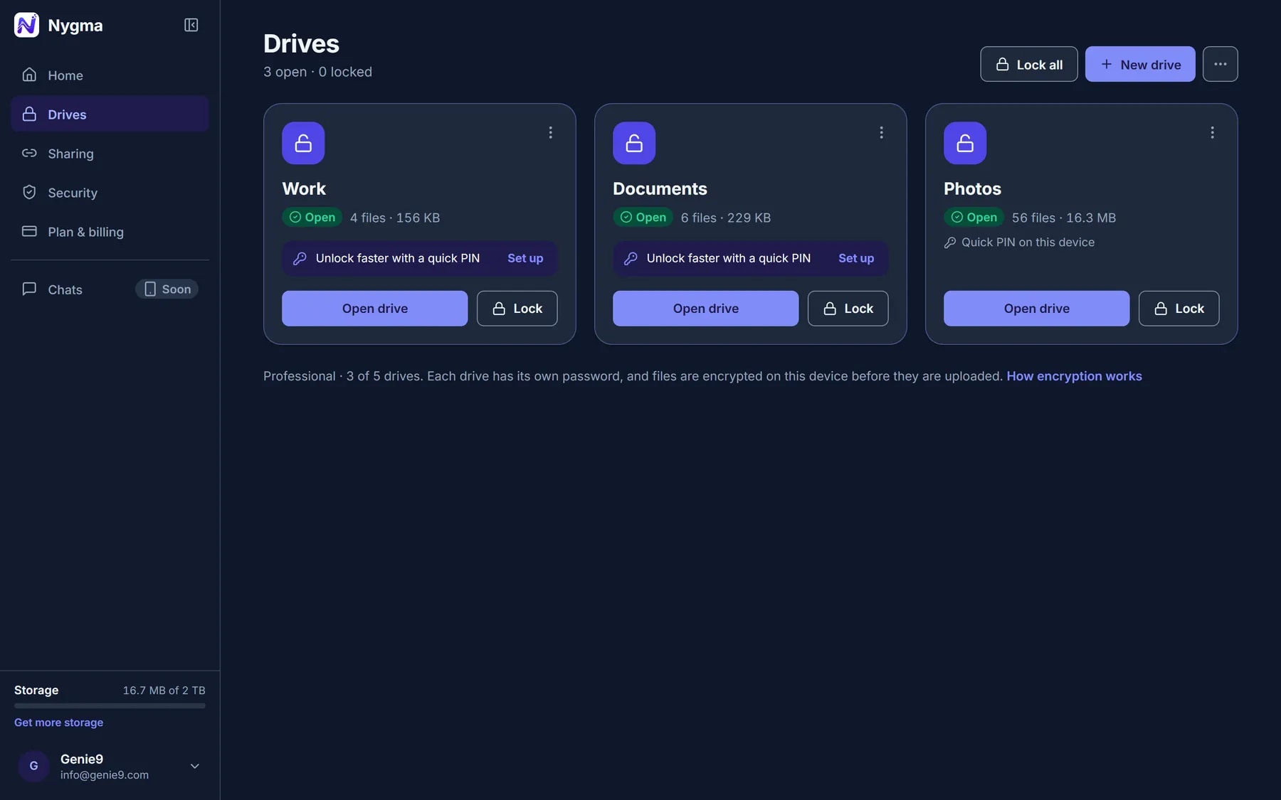 The Drives page in Nygma with Photos, Documents and Work drives