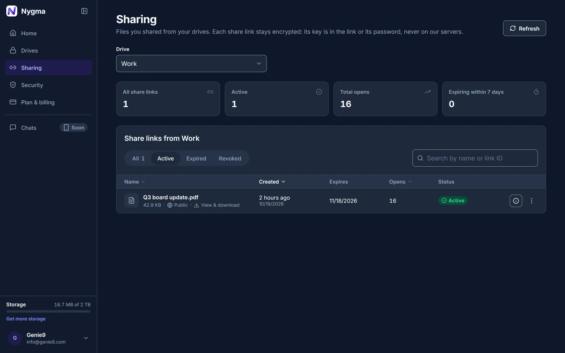 Nygma's Sharing page listing links with their opens, protection and expiry