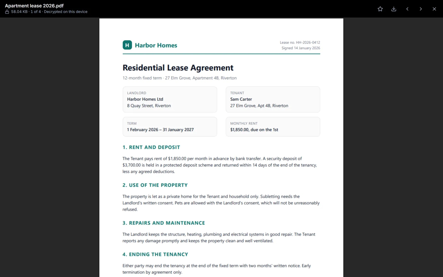 A sample apartment lease PDF open inside the Documents drive in Nygma