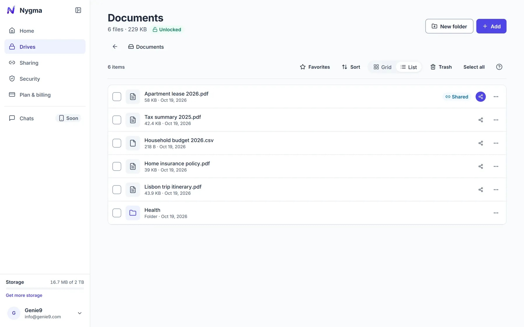 A Documents drive in Nygma listing a lease, an insurance policy and a tax summary