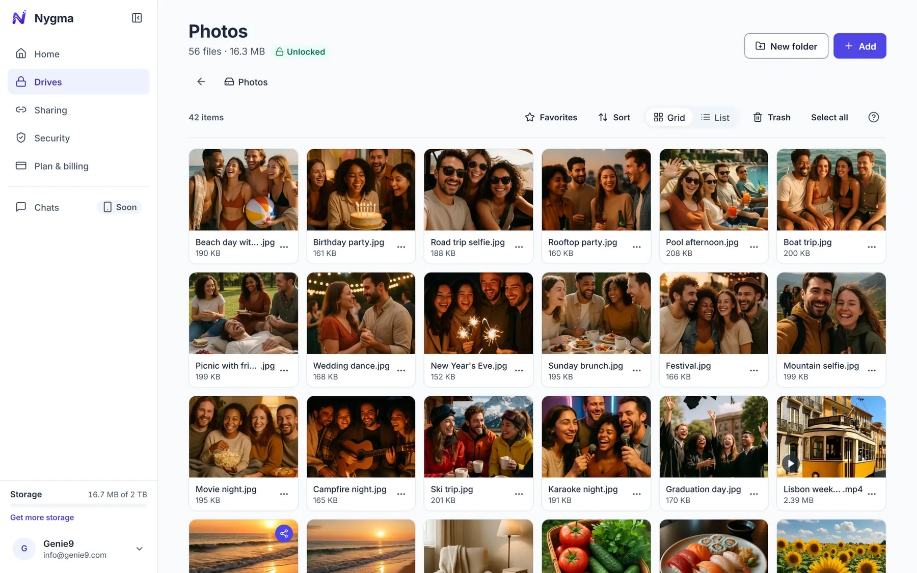 A Nygma drive called Photos, open in the browser: a grid of photos with friends at the beach, at parties and on holiday, unlocked