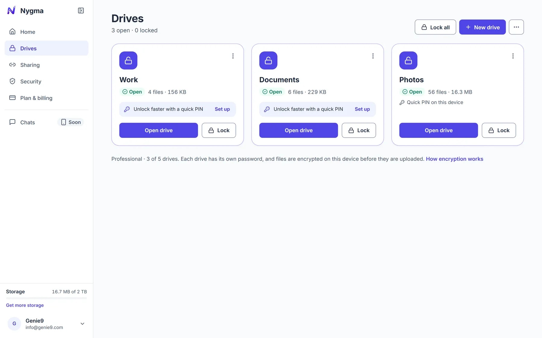 The Drives page in Nygma with Photos, Documents and Work drives