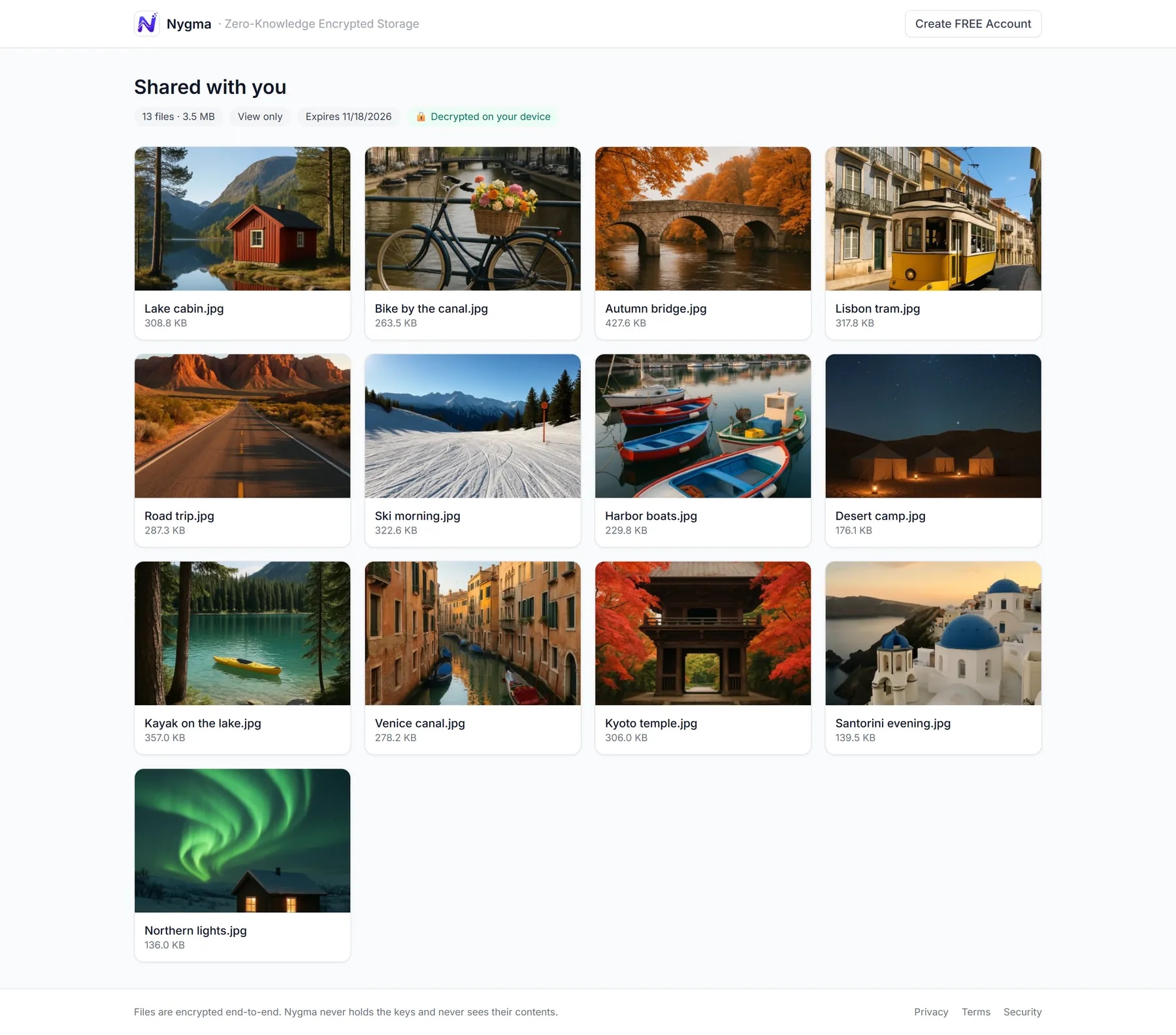 A shared Travel album opened from a Nygma link, showing a grid of photos