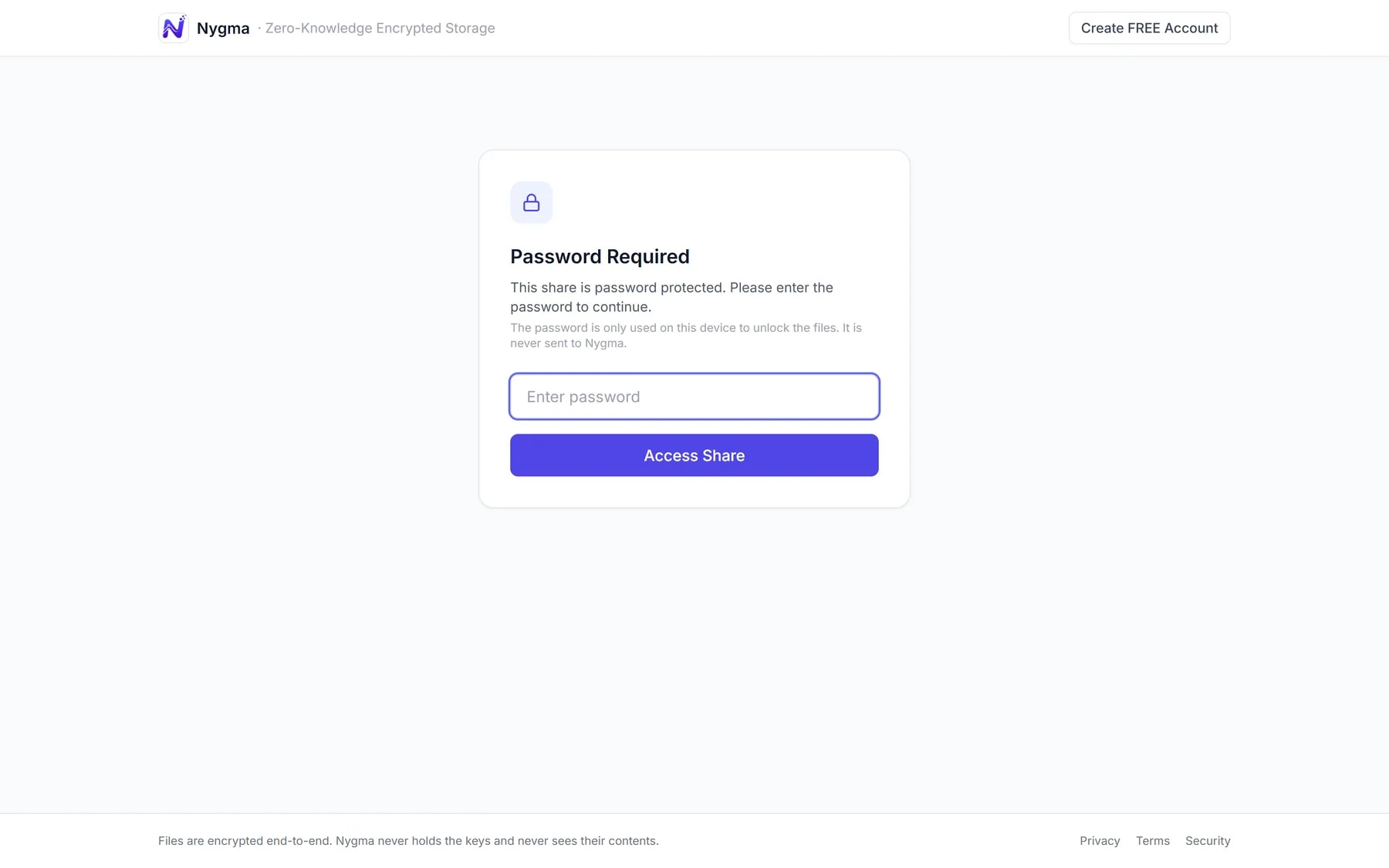 A password-protected Nygma share link asking for its password