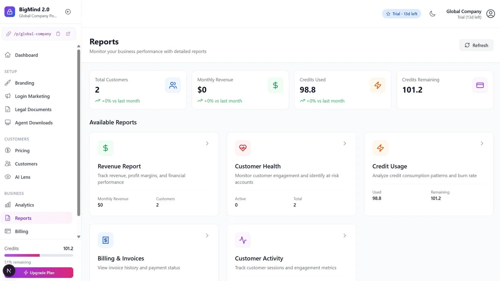 BigMind reporting dashboard with charts and analytics