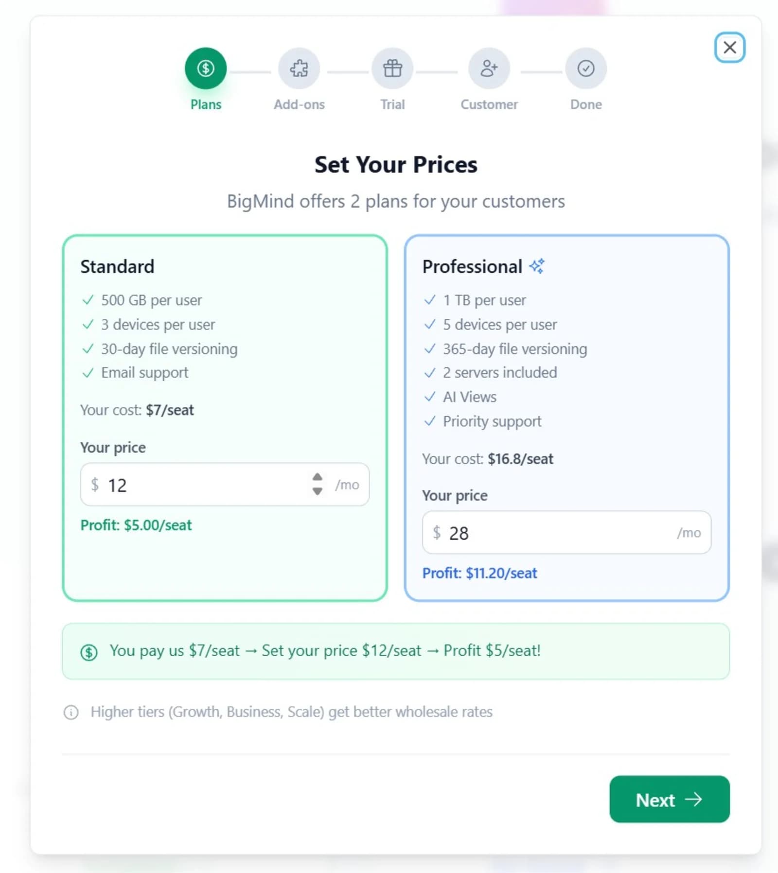 Pricing setup wizard in the partner portal
