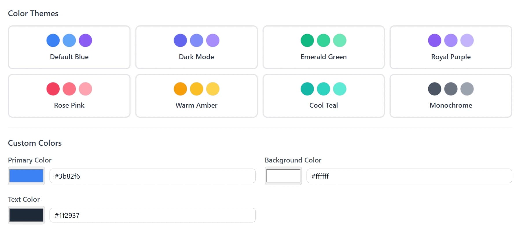 The Genie AI colour picker: eight ready-made themes above fields for your own brand, text and background colours