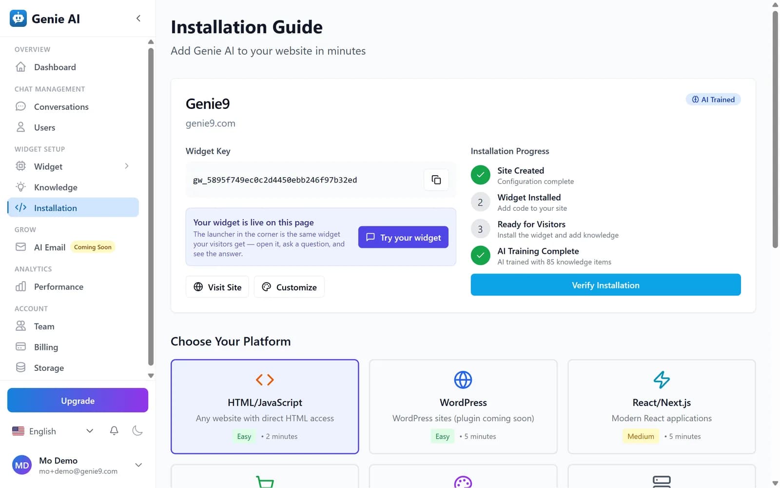 The Genie AI installation screen with the one-line script tag ready to copy