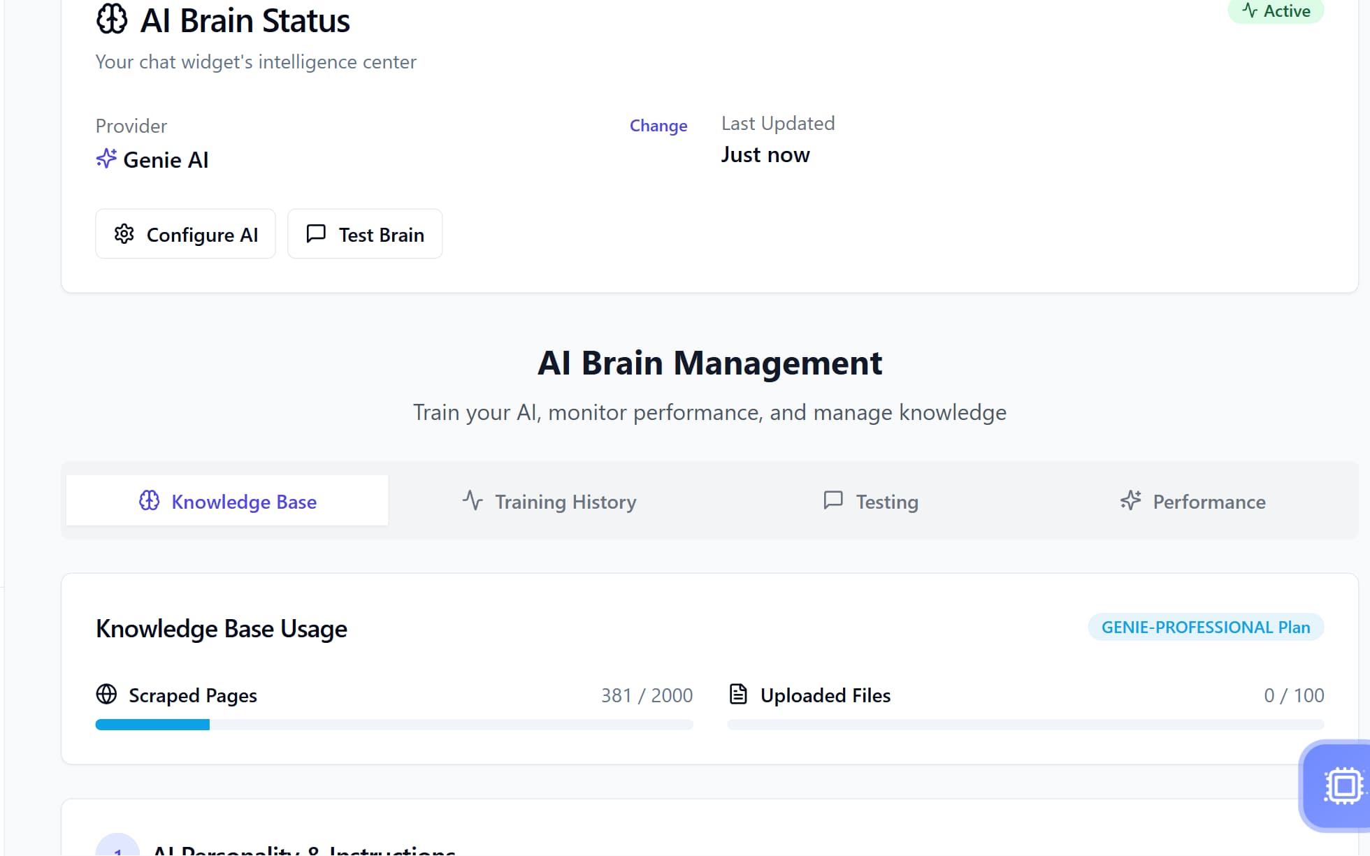 The Genie AI Knowledge Center showing pages read and files uploaded against the plan allowance