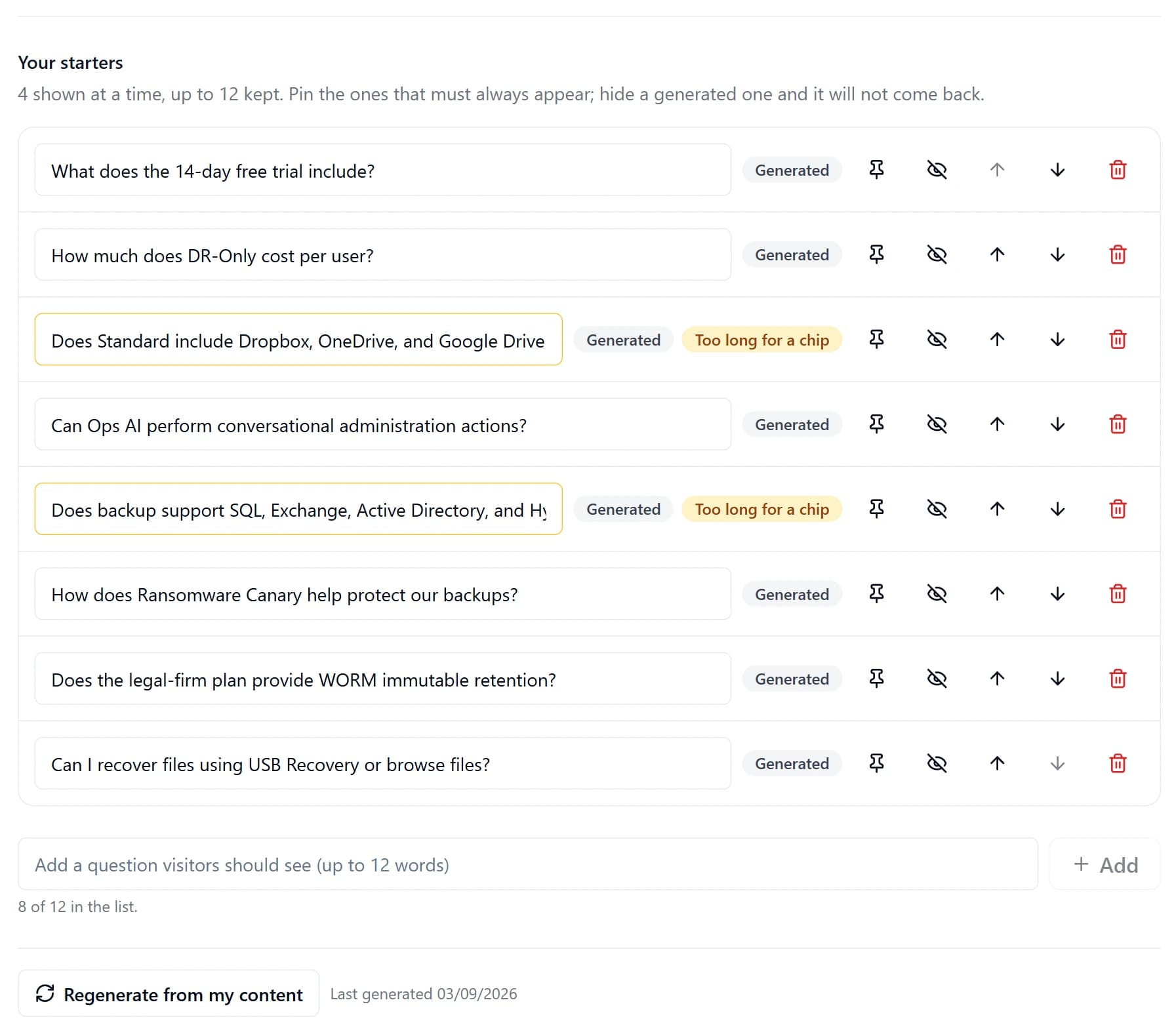 The Your starters list in the Genie AI dashboard, each question with pin, hide, reorder and remove controls