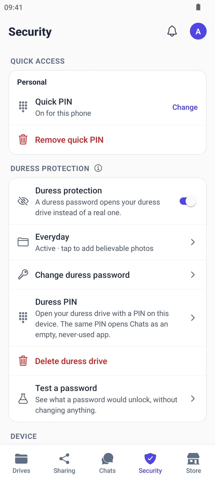 Duress protection on, with an everyday drive and a duress PIN that opens Chats as an empty app