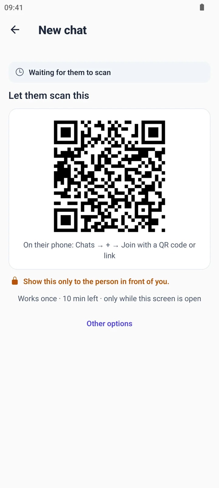 The New chat screen showing a QR code: Let them scan this